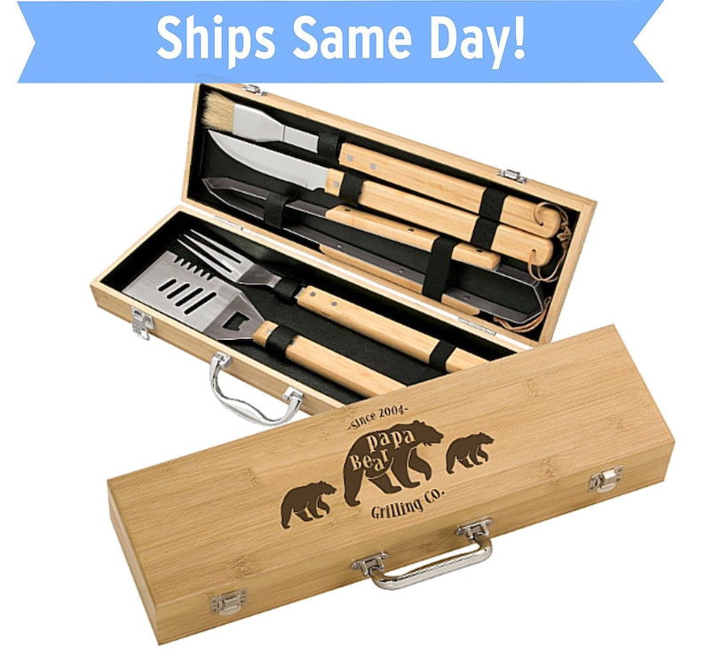 Personalized Papa Bear & Cubs 5 piece BBQ Gift Set Engraved Dad's Bamboo Grill Set Custom Father's Day Grilling Gift Set Mens Gift image 1