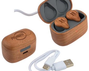 Engraved Cherry Wood Wireless Earbuds and Charger Case - Custom Wireless Earbuds - Personalized Earbuds with Case - Personalized Gift