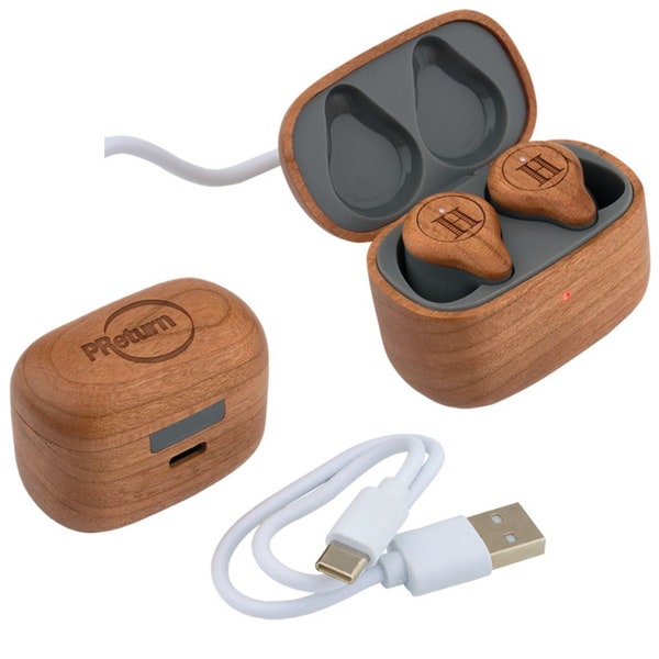 Engraved Cherry Wood Wireless Earbuds and Charger Case - Custom Wireless Earbuds - Personalized Earbuds with Case - Personalized Gift