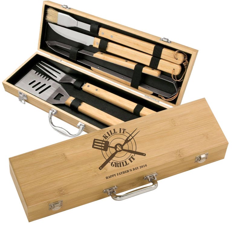 Engraved Grill Set Bamboo 5 piece BBQ Gift Set Personalized Cuts of Meat design engraved groomsman gift, custom grilling gifts image 6