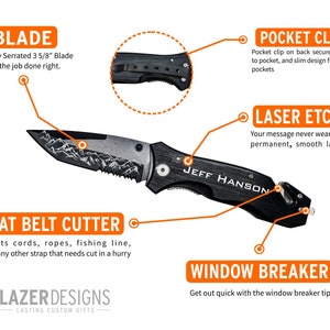 May include: A black pocket knife with a partially serrated 3 5/8 inch blade, a seat belt cutter, a window breaker, and a pocket clip. The knife has a laser etched design with the text "JEFF HANSON".