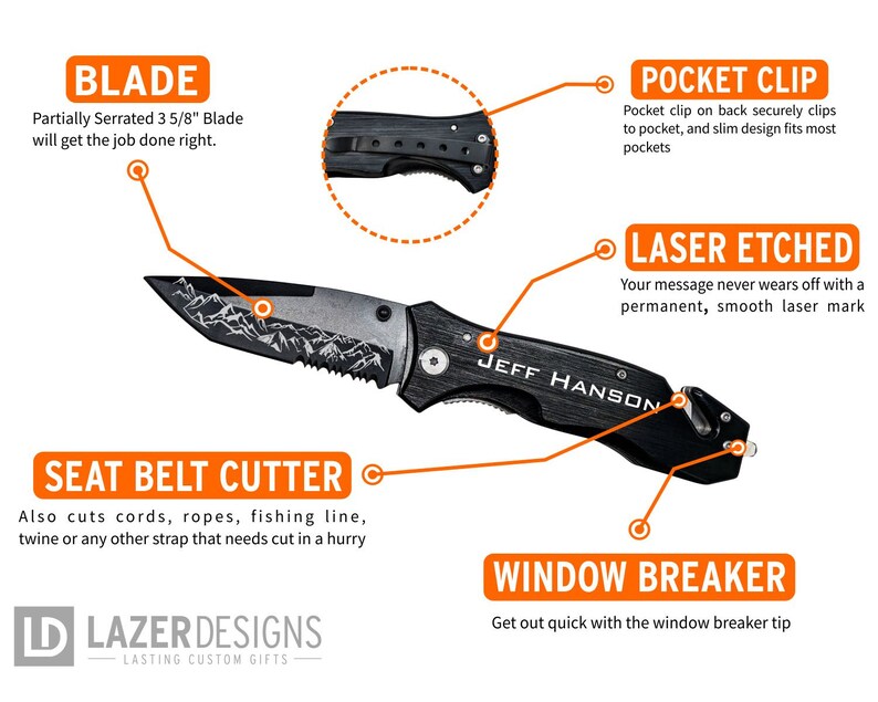 May include: A black pocket knife with a partially serrated 3 5/8 inch blade, a seat belt cutter, a window breaker, and a pocket clip. The knife has a laser etched design with the text "JEFF HANSON".