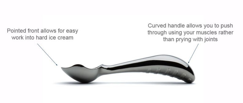 May include: A silver ice cream scoop with a curved handle and a pointed front. The handle has a textured grip. The scoop is designed to easily scoop hard ice cream.