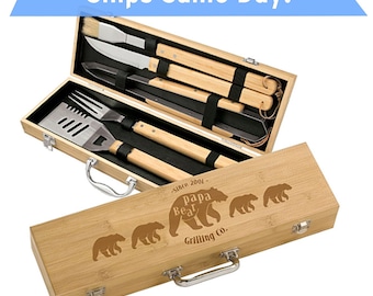 Bamboo 5 piece BBQ Set personalized "Papa Bear & Cubs" design, Dad's custom BBQ tools set, Father's Day BBQ gift, grilling gift