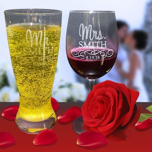 Mr and Mrs Beer and Wine Glass Set, Personalized toasting glasses, wedding glasses