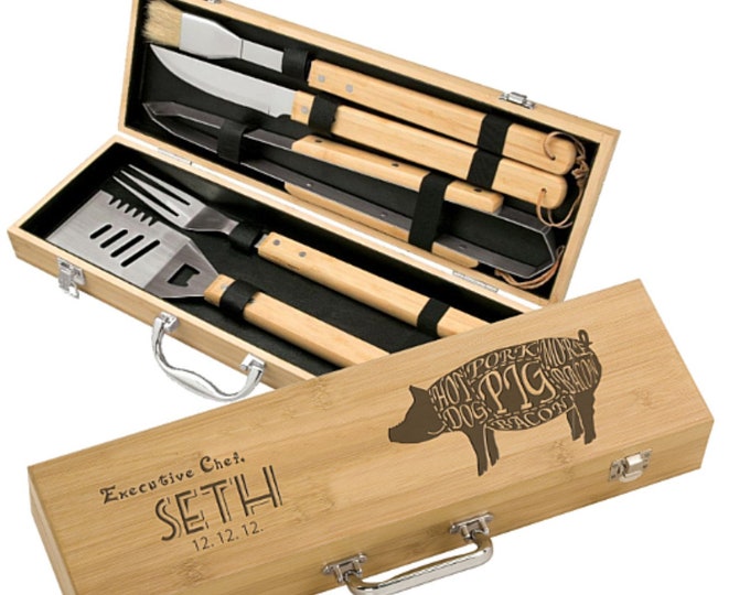 Personalized "Pig Cuts" Bamboo 5 piece BBQ Gift Set - Father's Day BBQ Set - engraved groomsman gift, custom grilling gifts