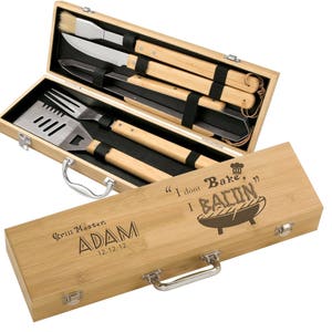 Engraved Grill Set Bamboo 5 piece BBQ Gift Set Personalized Cuts of Meat design engraved groomsman gift, custom grilling gifts image 5