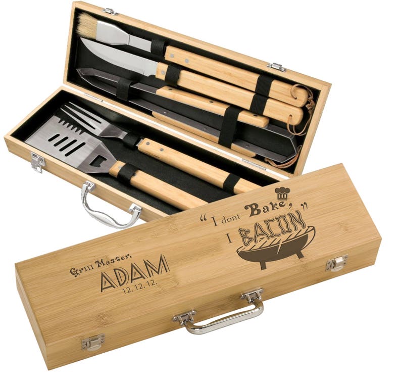 Engraved Grill Set Bamboo 5 piece BBQ Gift Set Personalized Cuts of Meat design engraved groomsman gift, custom grilling gifts image 5