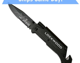 Engraved Fisherman Survival Rescue Knife - Knife with Flashlight & Firestarter - Outdoor Survival Knife for men - Fishing Gift for men