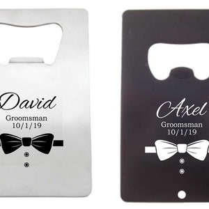 Apribottiglie personalizzato con design Bowtie, apribottiglie in formato carta di credito, regalo per i testimoni dello sposo, bomboniera