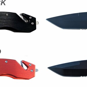 May include: Four pocket knives with black blades and different colored handles: black, blue, red, and orange. Each knife has a safety feature and a serrated edge.