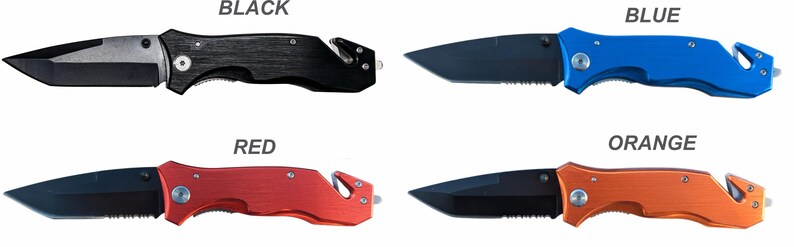 May include: Four pocket knives with black blades and different colored handles: black, blue, red, and orange. Each knife has a safety feature and a serrated edge.