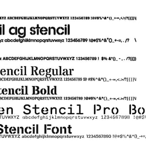 Puede incluir: Una imagen en blanco y negro que muestra diferentes estilos de fuente con la palabra "Stencil" en el t&iacute;tulo. La imagen muestra varios estilos de fuente, incluyendo "Stencil", "ag stencil", "AG Book", "Stardos Stencil Regular", "Stardos Stencil Bold", "Monosten Stencil Pro Bold" y "CARGO Stencil Font". Cada estilo de fuente va acompa&ntilde;ado del alfabeto en may&uacute;sculas y min&uacute;sculas, n&uacute;meros y s&iacute;mbolos.