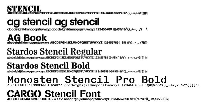 Puede incluir: Una imagen en blanco y negro que muestra diferentes estilos de fuente con la palabra "Stencil" en el t&iacute;tulo. La imagen muestra varios estilos de fuente, incluyendo "Stencil", "ag stencil", "AG Book", "Stardos Stencil Regular", "Stardos Stencil Bold", "Monosten Stencil Pro Bold" y "CARGO Stencil Font". Cada estilo de fuente va acompa&ntilde;ado del alfabeto en may&uacute;sculas y min&uacute;sculas, n&uacute;meros y s&iacute;mbolos.