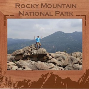 Personalized Mountains Photo Frame - Engraved Wood Picture Frame - Customized Mountaintop designed frame - Vacation Travels Memory Gift