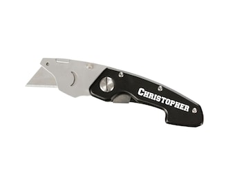 Personalized Heavy Duty UtilityHD Blade Box Cutter – Engraved Aluminum Razor Knife with Belt Clip