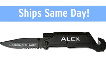 Engraved Rescue Survival Knife for men - Looking Sharp Valentine's Day Gift- Knife with Flashlight & Firestarter - Gift For Him