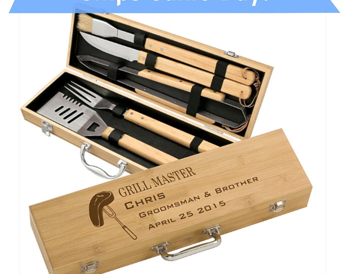 Grill Master Bamboo 5 piece BBQ Set - engraved groomsman gift, custom BBQ tools set, personalized BBQ tools set, Father's Day gift