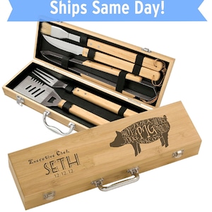 Bamboo 5 piece BBQ Set personalized &quot;Pork&quot; design - engraved groomsman gift, custom BBQ tools set, Father&#39;s Day BBQ gift, grilling gift