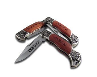13 of Personalized Rosewood Handle Knife with Decorated Bolsters - Wood Handle Knife - Personalized Groomsman Knife, Engraved Pocket Knife