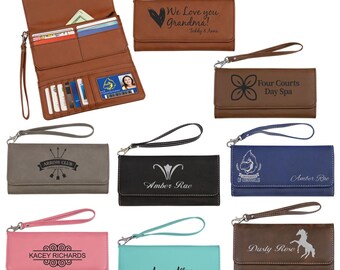 Personalized Faux Leather Ladies Wallet with Strap - Engraved Wallet - Bridesmaid Gift - Wedding Gift - Custom Gift - Gift for Her