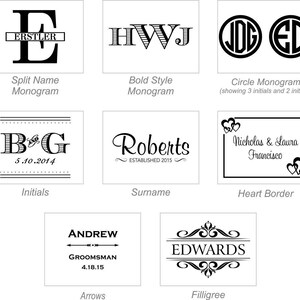 May include: A graphic showing different monogram styles for personalised gifts.  The styles include split name, bold, circle, initials, surname, heart border, arrows, and filigree.