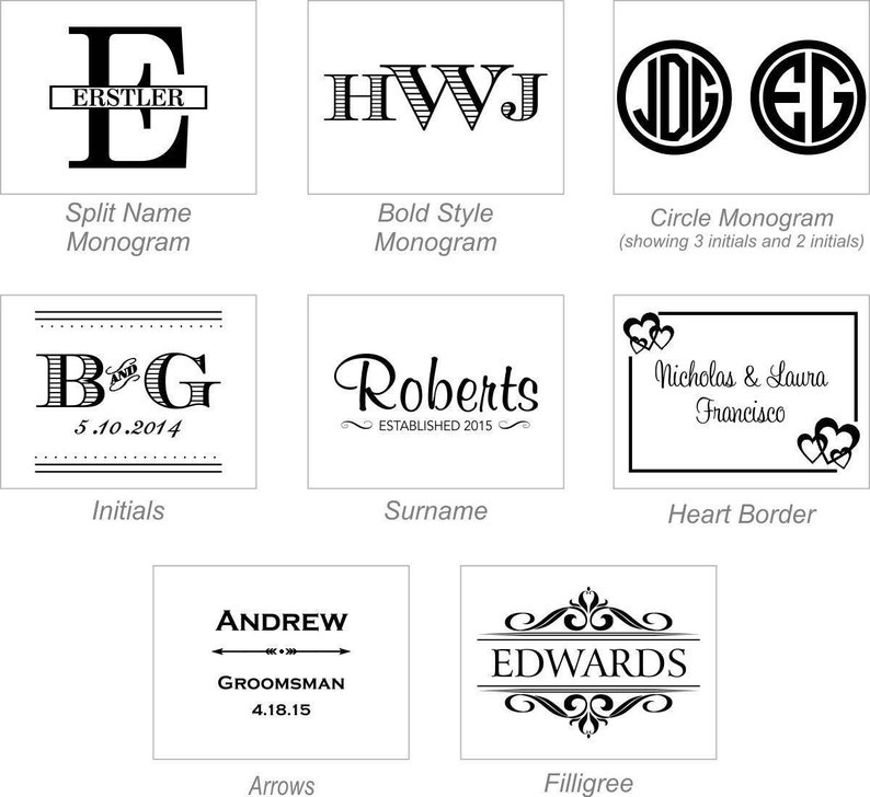 May include: A graphic showing different monogram styles for personalised gifts.  The styles include split name, bold, circle, initials, surname, heart border, arrows, and filigree.
