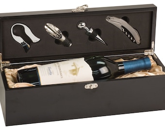 Engraved Black Wood Wine Box with Tools – Personalized Gift