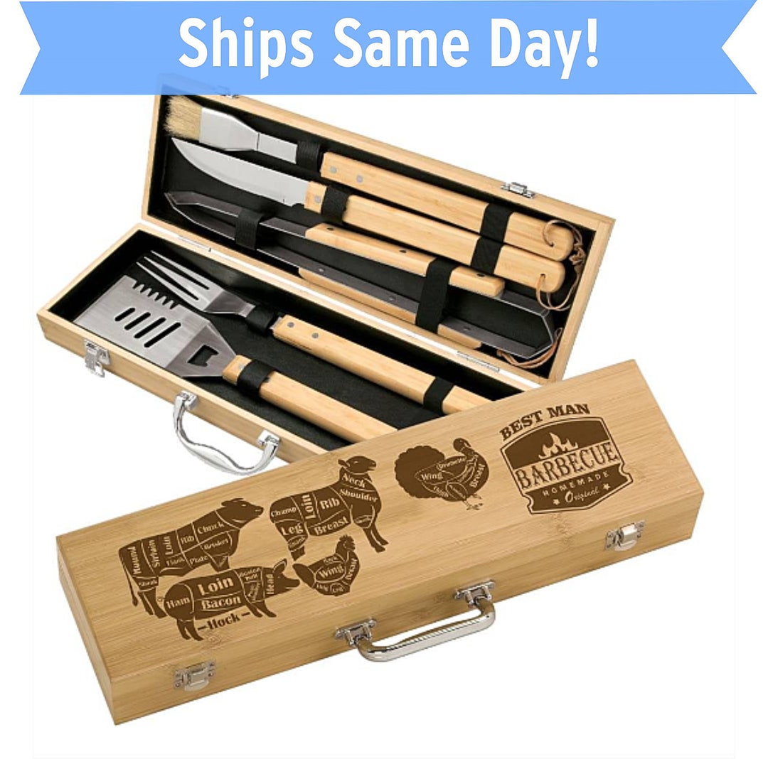 Engraved Grill Set Bamboo 5 Piece BBQ Gift Set Personalized Cuts of ...