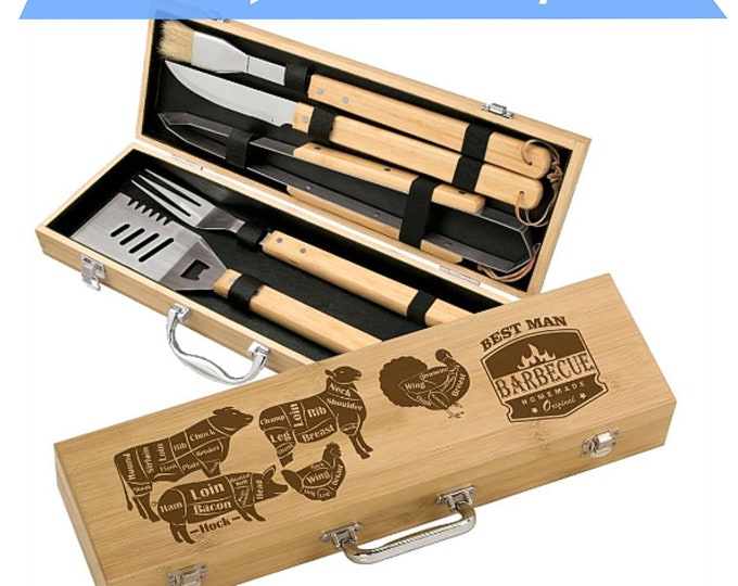 Engraved Grill Set Bamboo 5 piece BBQ Gift Set - Personalized Cuts of Meat design - engraved groomsman gift, custom grilling gifts
