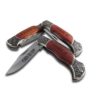 11 of Personalized Rosewood Handle Knife with Decorated Bolsters - Wood Handle Knife - Personalized Groomsman Knife, Engraved Pocket Knife