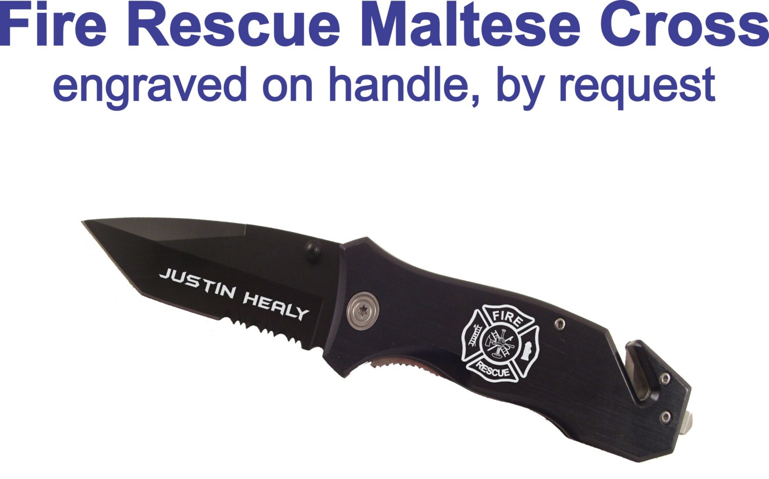 Personalized Black Firefighter Rescue Knife - Customized Maltese