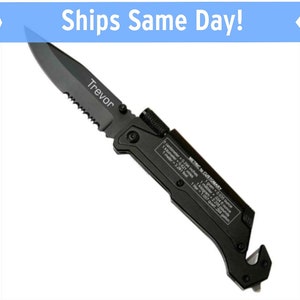 Engraved Auto Rescue Survival Knife - Quick Conversions Reference - Knife with Flashlight & Firestarter - Groomsman Engraved Knife
