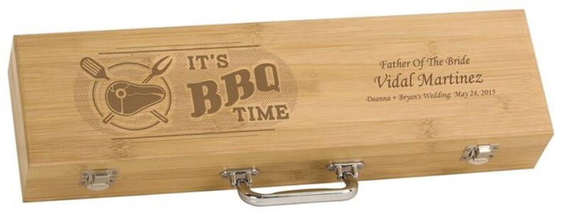 Engraved Grill Set Bamboo 5 piece BBQ Gift Set Personalized Cuts of Meat design engraved groomsman gift, custom grilling gifts image 3