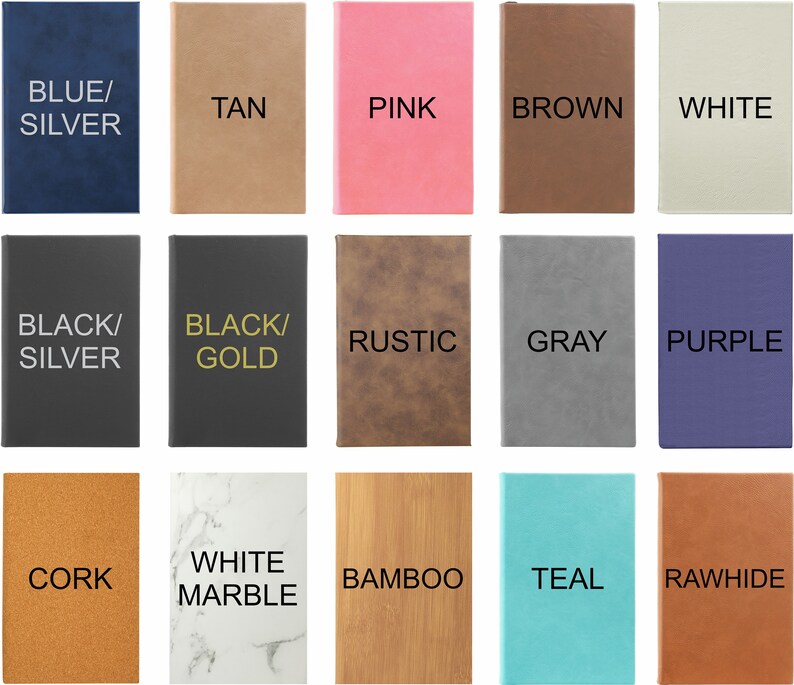 Peut inclure: Une collection de 15 couvertures de cahiers de diff&eacute;rentes couleurs et textures. Les couvertures sont dispos&eacute;es en trois rang&eacute;es de cinq. Les couleurs comprennent le bleu, l'argent, le beige, le rose, le marron, le blanc, le noir, l'or, le rustique, le gris, le violet, le li&egrave;ge, le marbre blanc, le bambou, le bleu sarcelle et le cuir brut.