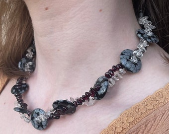 Interwoven triple strand Necklace with Snowflake Obsidian donuts woven with Garnet, Clear Quartz and Sterling Silver Beads for Protection