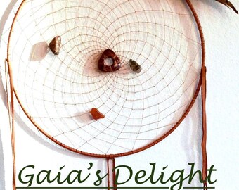 Gaia's Delight 14 inch Saddle Deerskin Dreamcatcher with Moss Agate, Carnelian, Poppy Jasper and Zuni Bears, Arrowhead and Pheasant Feathers