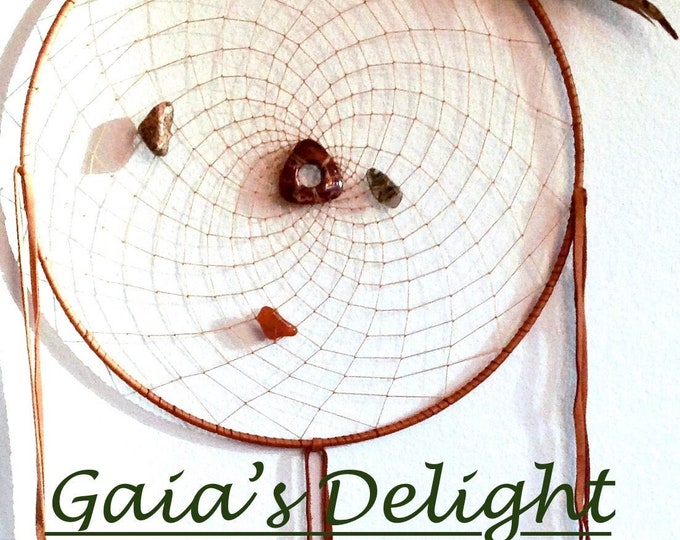 Gaia's Delight 14 inch Saddle Deerskin Dreamcatcher with Moss Agate, Carnelian, Poppy Jasper and Zuni Bears, Arrowhead and Pheasant Feathers