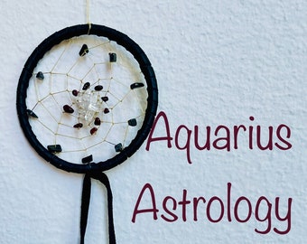 Aquarius 4" Astrology Dreamcatcher with black deerskin, hematite, garnet, and clear quartz, customizable, Vegan Options