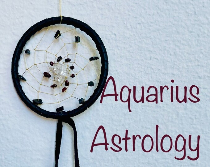 Aquarius 4" Astrology Dreamcatcher with black deerskin, hematite, garnet, and clear quartz, customizable, Vegan Options