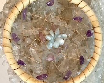 Pisces 4" Astrology Dreamcatcher with Deerskin, Aquamarine, Amethyst and Fluorite with Vegan Options