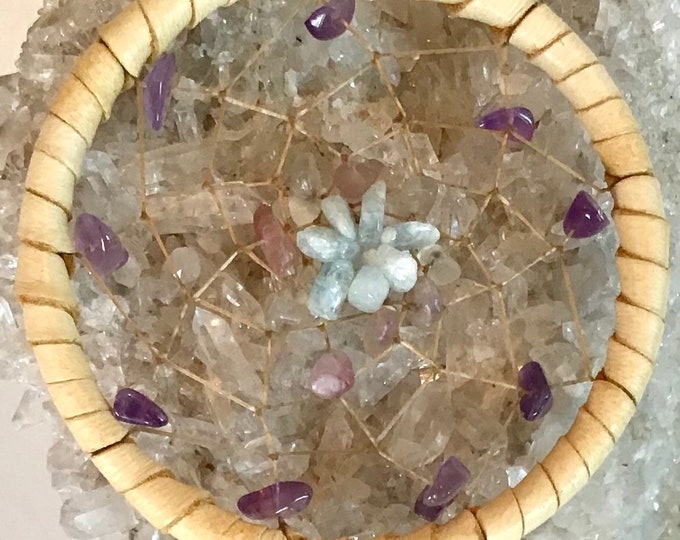 Pisces 4" Astrology Dreamcatcher with Deerskin, Aquamarine, Amethyst and Fluorite with Vegan Options