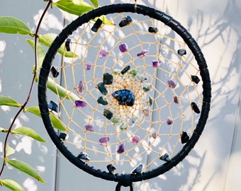 Virgo 6" Astrology Dreamcatcher with Snowflake Obsidian, Amethyst, Moss Agate and Zuni Bear with Optional Virgo Charm and Vegan Options
