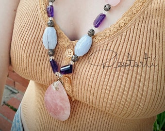 One of a Kind, Gentle Soul Necklace with Rose Quartz, Amethyst and Blue Lace Agate and Sterling Silver with teardrop Rose Quartz Pendant