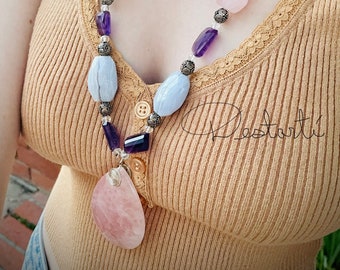 One of a Kind, Gentle Soul Necklace with Rose Quartz, Amethyst and Blue Lace Agate and Sterling Silver with teardrop Rose Quartz Pendant