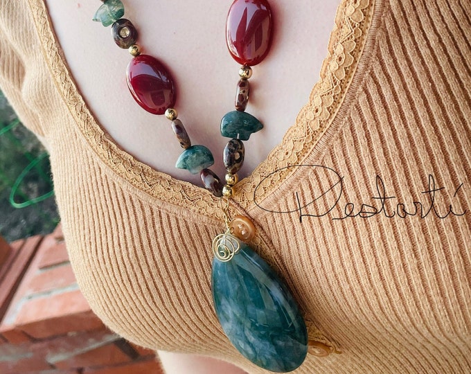 Gaia's Delight Necklace-Moss Agate, Citrine, Brecciated Jasper, Carnelian, and Gold