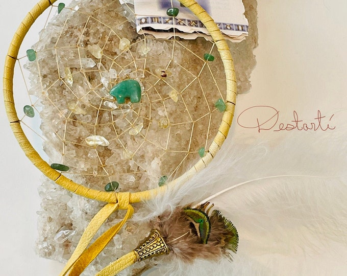 Aries 6 inch Astrology Dreamcatcher with Aventurine, Citrine, and Clear Quartz with Zuni Bear with Optional Aries Charm and Vegan Ribbons