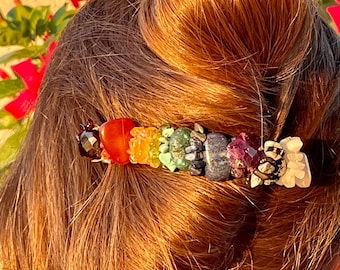 Crystal Chakra Barrette, Rainbow Barrette-Garnet, Carnelian, Citrine, Peridot, Lapis, Turquoise, Amethyst, Snowflake Obsidian and Moonstone