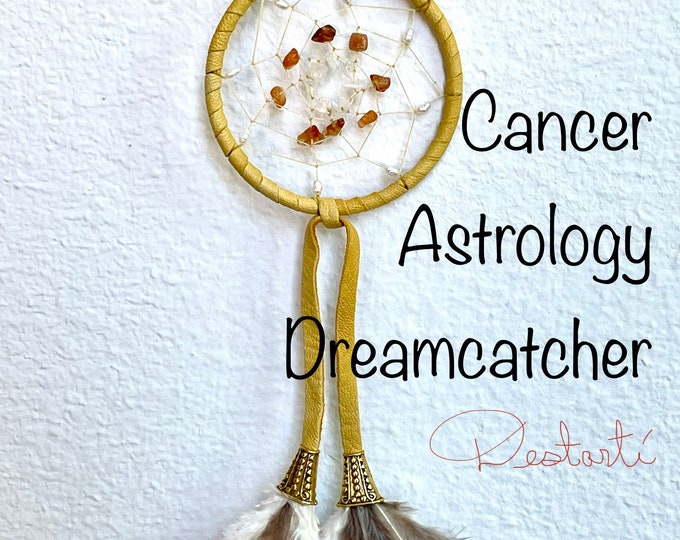 Cancer Astrology Dreamcatcher (4 inch): Deerskin, Gemstones, Zuni Bear, Cancer Charm, Feathers, Vegan Options