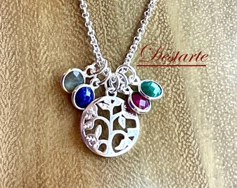 Sterling Silver Tree of Life Mother's Charm Necklace - Birth Stone Necklace - Astrology Gemstone Necklace - Tree of Life Pendant